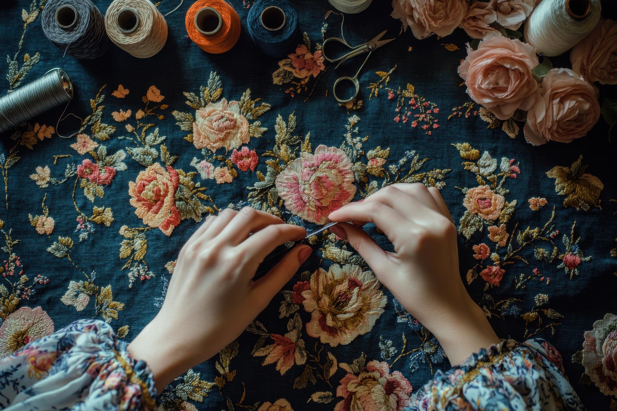 hands stitching floral motif
